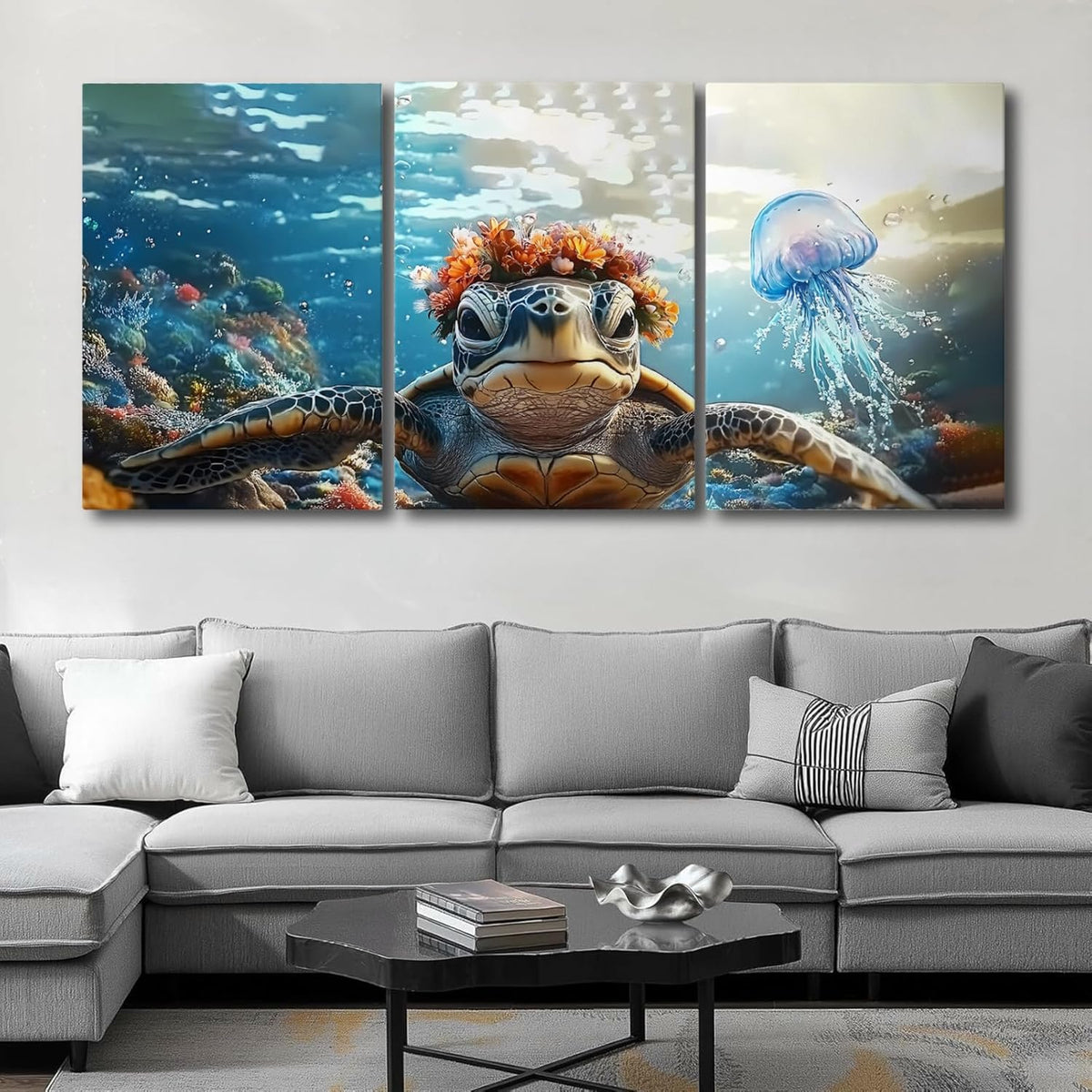 Wivsev Sea Turtle Canvas Wall Art,Under Sea Wall Art,Sea Life Pictures Wall Decor,Ocean Animal Painting for Bathroom,Living Room,Bedroom (12" x 18" x 3 pcs)