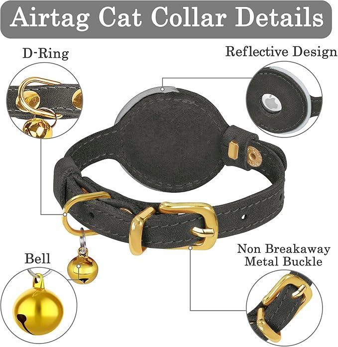 OOPSDOGGY Reflective Leather AirTag Cat Collar with Bell - Non Breakaway Adjustable Pet Collar with Apple Air Tag Holder - Lightweight GPS Kitten Collars for Small Dogs Puppy (Graphite)