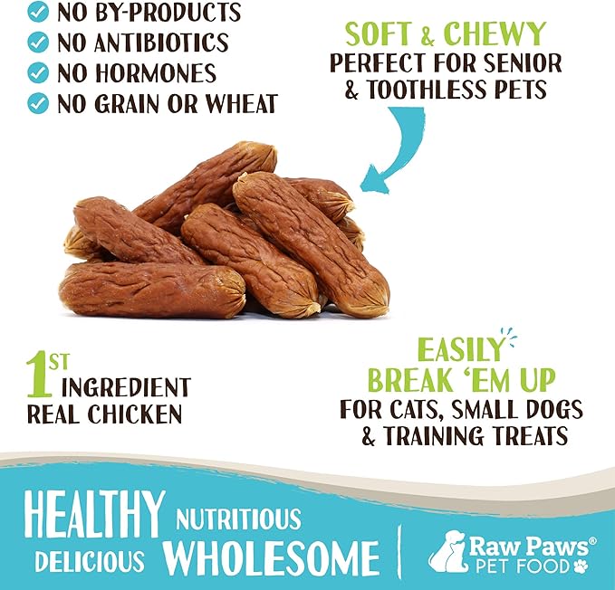 Raw Paws Grain-Free Soft Sausage Treats for Dogs & Cats - Chicken Recipe, 6-oz - USA Chicken Sausage Dog Treats - Soft Treats for Dogs & Cats - Dog Sausage Treats