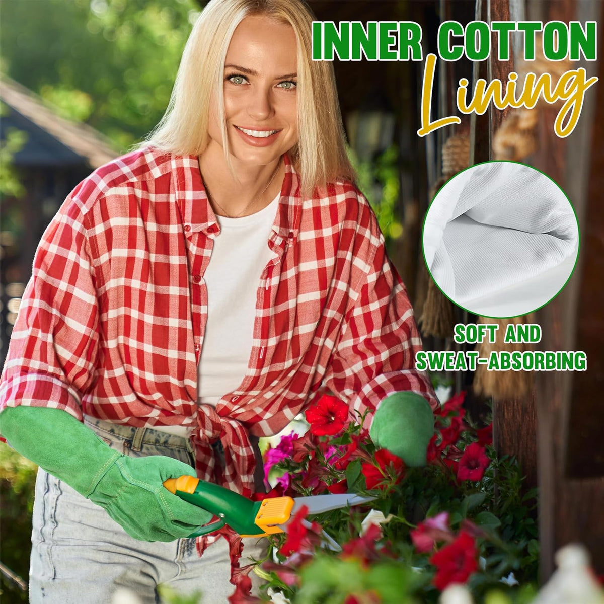 HANDLANDY Leather Gardening Gloves, Thorn Proof Long Gauntlet Heavy Duty Garden Gloves, Elbow Length Rose Pruning Weeding Yard Glove (X-Large, Green)