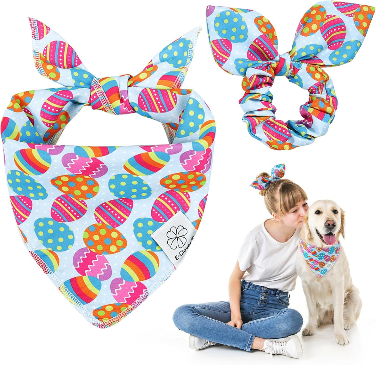 E-Clover Easter Dog Bandana & Matching Scrunchie Set Egg Dog Bandanas Scarf with Bunny Hair Tie for Medium Large Dogs & Pet Owner Mom Gift