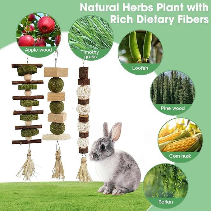 WDEFUN 3 PCS Bunny Chew Toys, Natural Hanging Rabbit Chew Toy Treats for Guinea Pigs Hamsters Gerbils Chinchilla and Other Small Pets for Teeth Grinding