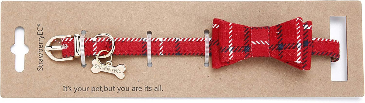 Puppy Collars for Small Dogs - StrawberryEC Adjustable Puppy Id Buckle Collar Leather. Cute Plaid Bandana Dog Collar (Bow-Red Grid)