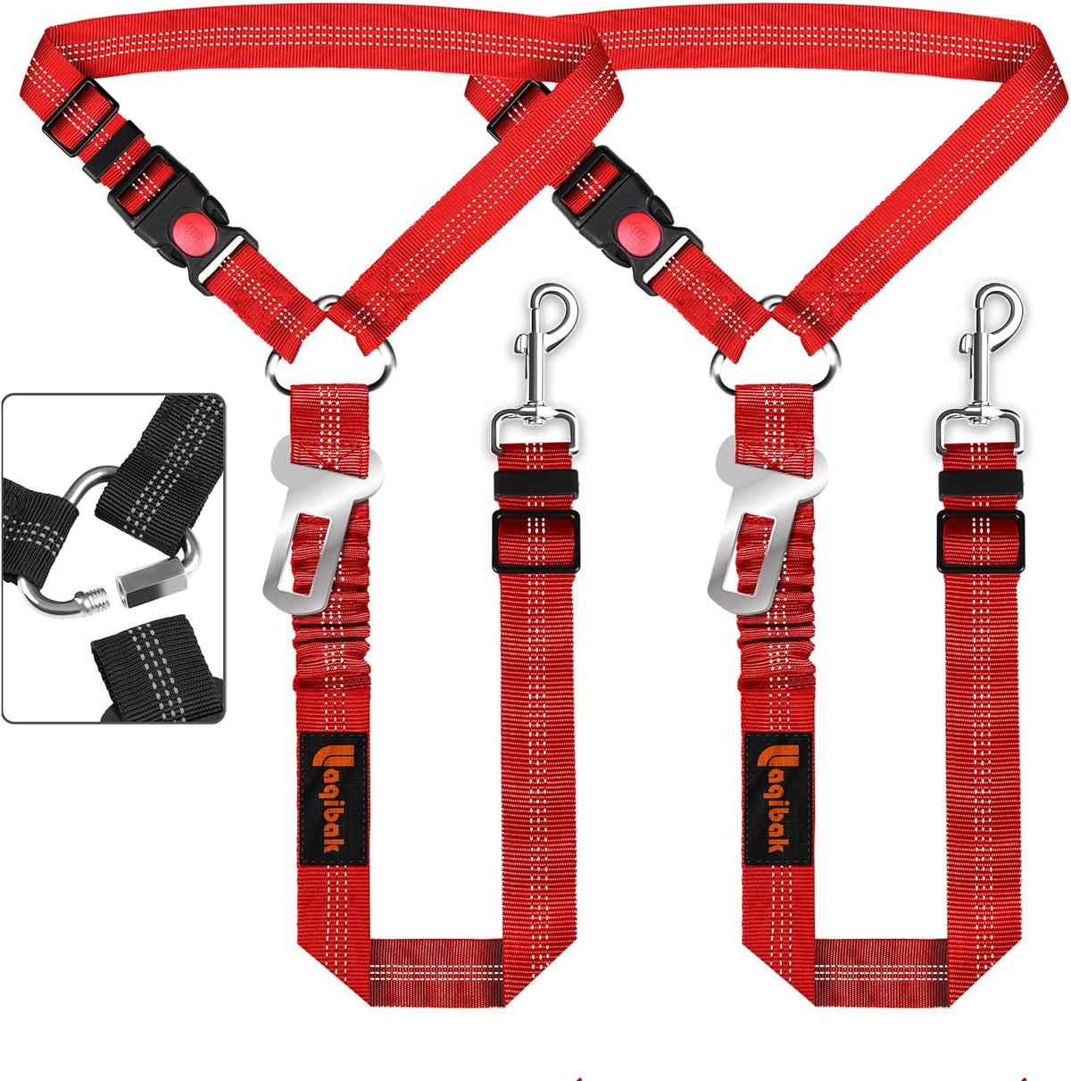 Removable Dog Seat Belt Harness for Car, 3 in 1 Pet Dog Car Seatbelt Leash, Retractable Restraint Secures to Vehicle Headrest & Adjustable Reflective Bungee Dog Seatbelt Tether, Red