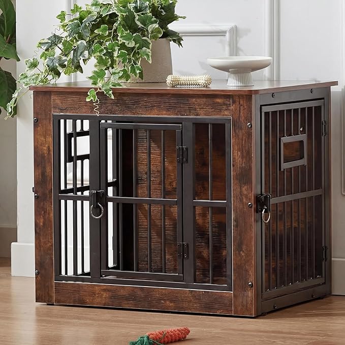 27 Inch Heavy Duty Dog Crate Furniture for Puppy/Small Dogs, Decorative Pet House End Table with 3 Doors, Wooden Cage Kennel Furniture Indoor, Rustic Brown - Without Bowls