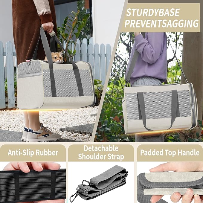 Pet Carrier for Large Cat 20 lbs+ / Soft Sided Small Dog 12 Pounds Travel Crate Top Load/Collapsible Kitty Carry Bag Big Kitten Mesh/Sturdy Animal Transport cage Kennel Long Trips Beige