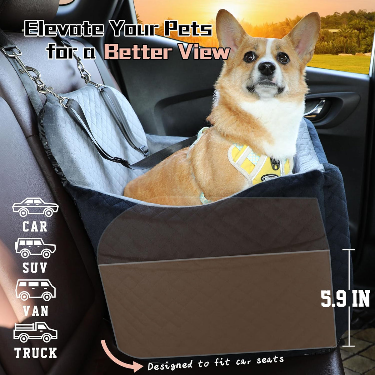 Dog Booster Car Seat for Dogs under 35lbs,Elevated Pets Seat with Safety Strap,Ultra Soft Fabric and Memory Foam Car Dog Bed,Safety,Comfy,Non-Slip&Washable Carseat Cushion for Travel,Cars,SUV.(H-Grey)