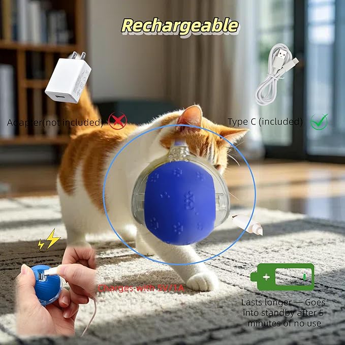 Interactive Cat Toy for Indoor Cats - 3rd Generation Agility Mobile Ball with Elastic Rope Tail, Motion Activated Automatic Toy for Bored Kittens and Adult Cats (Bule)
