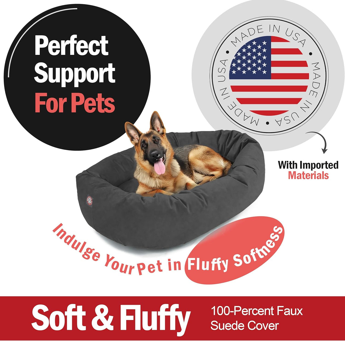 Majestic Pet 52 Inch Suede Calming Dog Bed Washable 52x35x11 (Inch) – Cozy Soft Round Donut Dog Bed with Spine Support for Dogs to Rest Their Head - Pet Bed X- Large – Gray (2025)