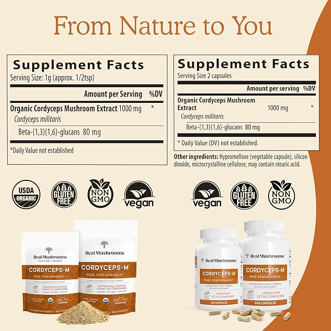 Real Mushrooms Capsules Supplements - Organic Cordyceps Mushroom Powder in Capsules - Energy and Performance Mushrooms with Verified Beta Glucans - Vegan, Non-GMO, 300 Capsules