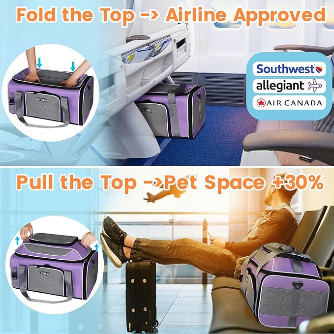 Petskd Top-Expandable Pet Carrier 19x13x9 Inches Southwest Allegiant Airlines Approved, Soft-Sided Carrier for Small Dog Under 12 lbs and Large Cat Under 15 lbs(Purple)