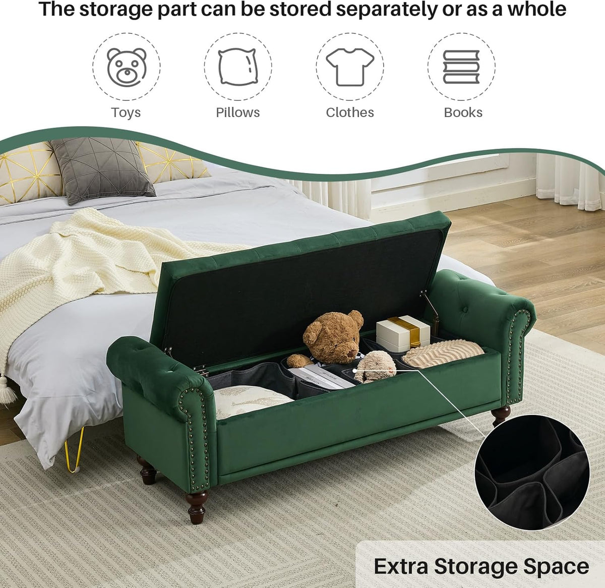 58.1'' Storage Bench Upholstered Velvet End of Bedroom Bed Bench Ottoman with Tufted Cushioned Rolled Arm Large Storage Space for Reading Living Room Entryway,Dark Green