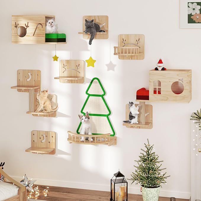 Cat Wall Shelves, Cat Wall Furniture Pine Wooden Feline Shelf, 16 Piece Shelves and Perches with Bowl, Warmer Mat, Condos, House, Steps and Cat Scratcher