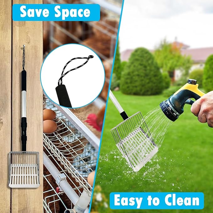 PINVNBY Stainless Steel Chicken Poop Scooper 3 in 1 Adjustable Long Handle Poop Scooper for Chicken(21.8" to 38.6") Multifunctional Chicken Coop Cleaning Tools Sifting Shovel Chicken Coop Accessories