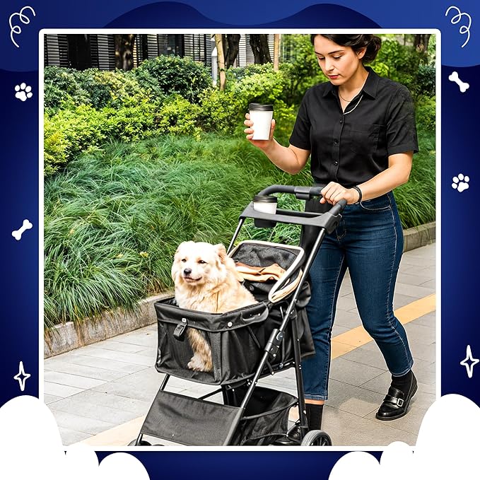 Pet Stroller with 4 Rolling Casters for Pets – Lightweight Multifunctional Travel Stroller with Mesh Windows, Cup Holder, Sun Shades & Storage Pocket for Puppy and Kitty