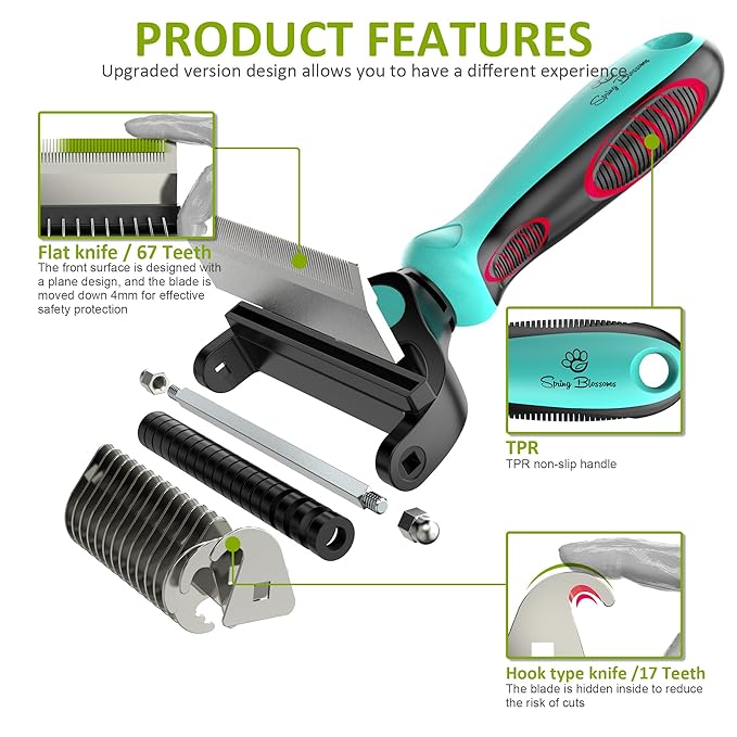 Spring Blossoms-2 in 1 Professional Grooming Rake for Cats & Dogs-Dematting Comb for Easy Mats & Tangles Removing,Pet Brush Safe No More Nasty Shedding and Flying Hair (Cyan)