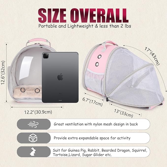 Back Expandable Backpack for Small Animals, Portable Travel Bag Breathable Pet Carrier Cages for Bunny, Guinea Pig, Bearded Dragon, Lizard, Rabbit, Squirrel, Tortoise, Kitten, Sugar Glider