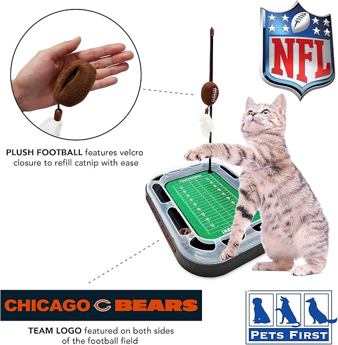 Pets First Cat Scratcher NFL Chicago Bears Football Field CAT Scratcher Toy with Catnip Filled Plush Football Toy & Feather Cat Toy Hanging & Jingle Bell Interactive Ball Cat Chasing 5-in-1 Kitty Toy