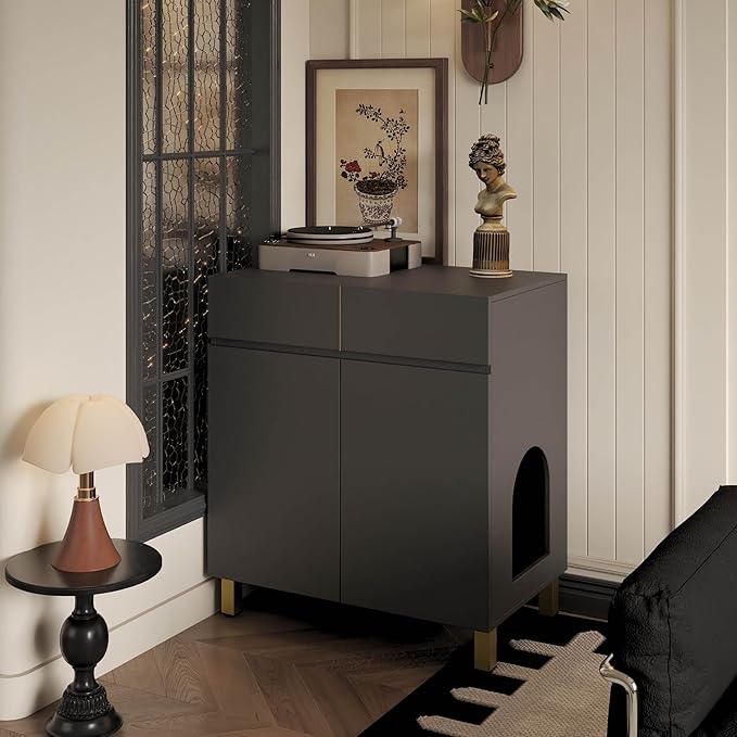 Large/Tall Litter Box Enclosure, Modern Wooden Litter Box Furniture for XL Litterbox with Drawer as Sideboard Cabinet (Black)