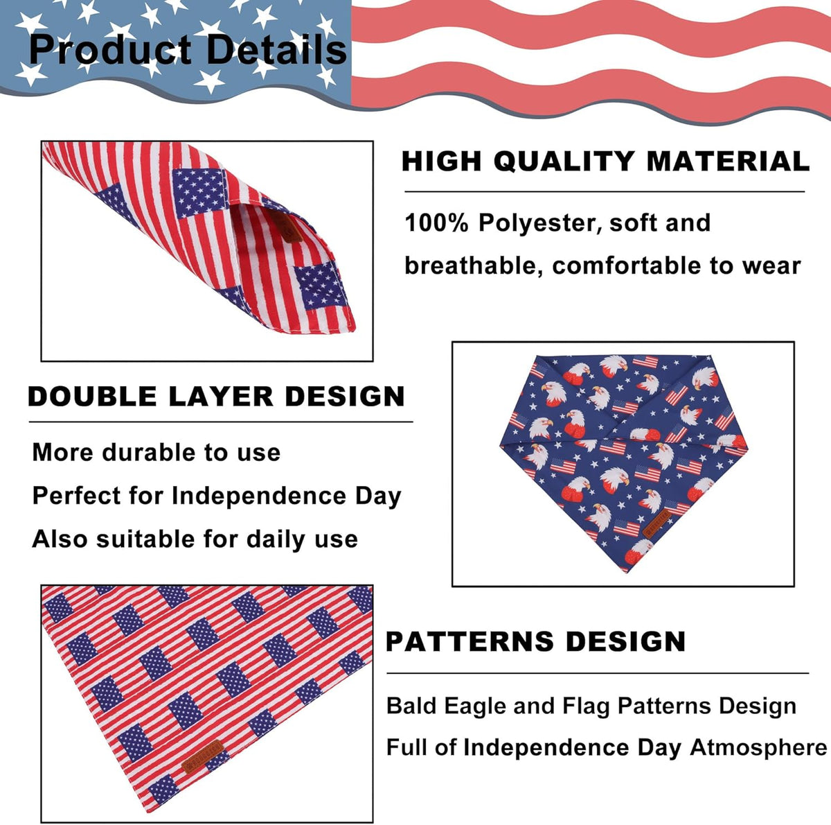 ADOGGYGO American Flag Dog Bandanas, Red Blue Patriotic Eagles USA Flag Scarf, Multi Size, 4th of July Bandana for Medium Large Dogs Pets (Large)