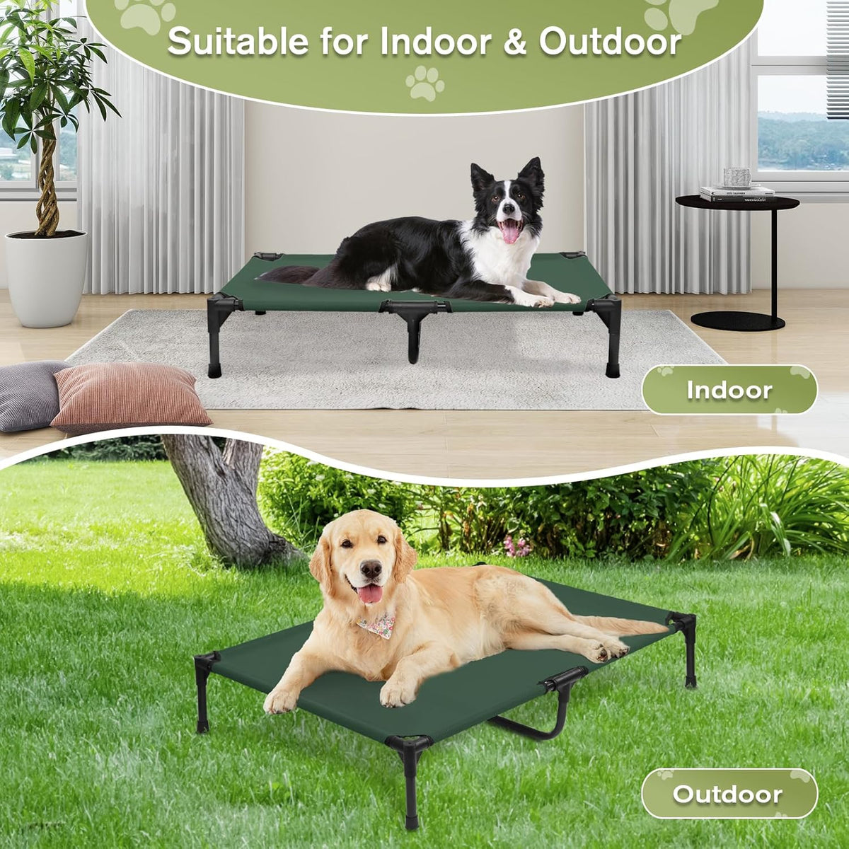 XL Elevated Dog Bed 51 Inch - Waterproof Raised Cooling Cot for 121lb Dogs, with Washable Breathable Mesh, All-Weather Outdoor Dog Bed with Non-Slip Feet, Green
