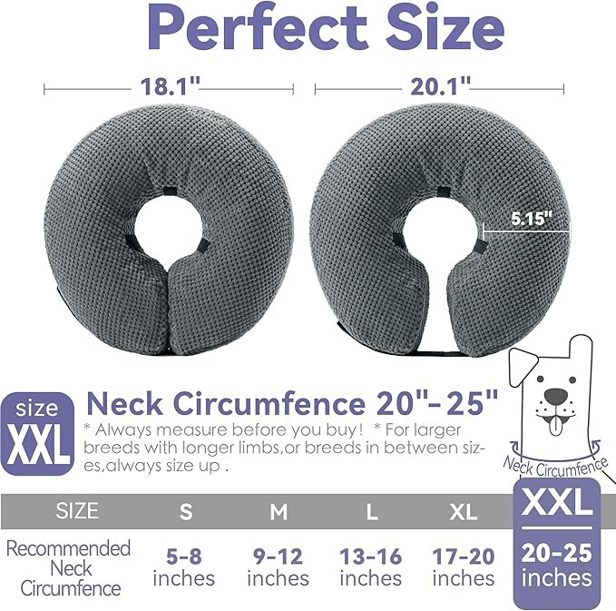 Soft Inflatable Dog Cone Collar Alternative After Surgery - Dog Neck Donut E Collar for Large Medium Small Dogs Cats Post Surgery - Recovery Collar to Stop Licking - Grey, XXL