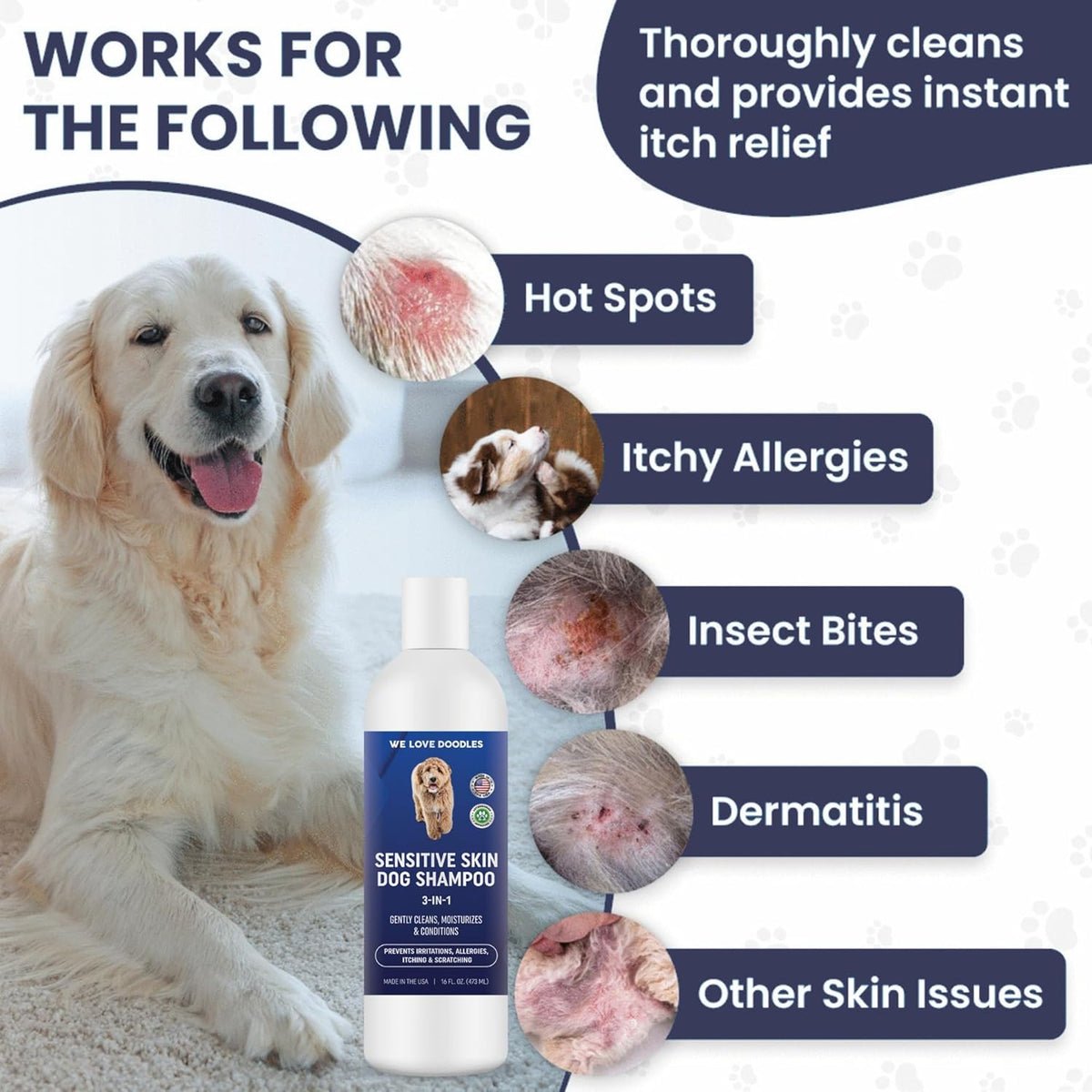 Premium 3-in-1 Sensitive Skin Dog Shampoo, Great for Allergies, Itching, Scratching, Anti-Itch Shampoo for Dogs with Oatmeal & Aloe, Made in USA, Natural Ingredients, 16 oz [We Love Doodles]