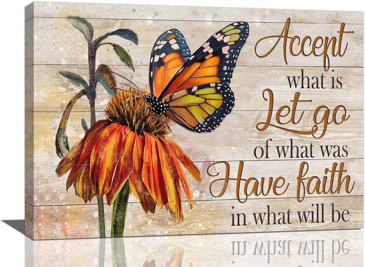 Farmhouse Butterfly Bathroom Pictures Wall Art, Rustic Floral Country Bathroom Wall Decor, Daisy Inspirational Framed Painting Canvas Artwork for Bedroom Living Room Decorations 24"L x 16"W
