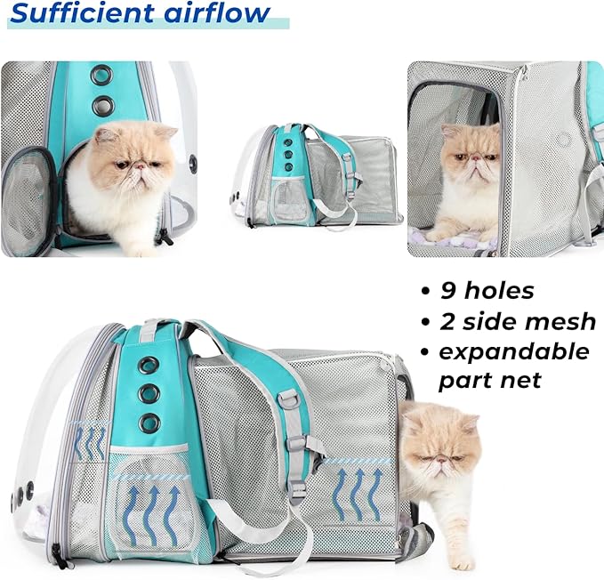 Lollimeow Cat Carrier Backpack, Bubble Expandable Backpack Carrier, Pets and Small Dogs,Airline-Approved, Designed for Travel, Hiking, Walking & Outdoor Use (Square Back Expandable-Green)