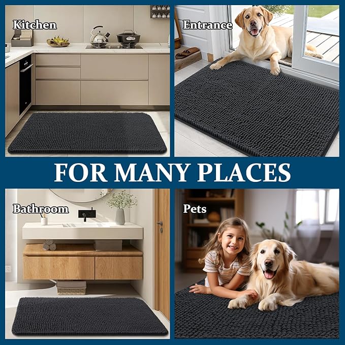 OLANLY Dog Door Mat Set 4-Piece 24x16, Absorbs Moisture and Dirt, Absorbent Non-Slip Washable Doormat, Quick Dry Chenille Mud Mat for Dogs, Entry Indoor Entryway Carpet for Inside Floor, Dark Grey