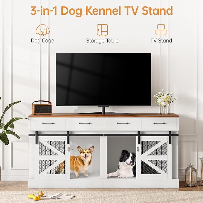 Extra Large Dog Crate Furniture for 2 Dogs, 71'' Dog Kennel Indoor with Removable Divider and 4 Storage Drawers, Sturdy Wooden Dog Crate TV Stand with 4 Doors for Large Medium Small Dogs