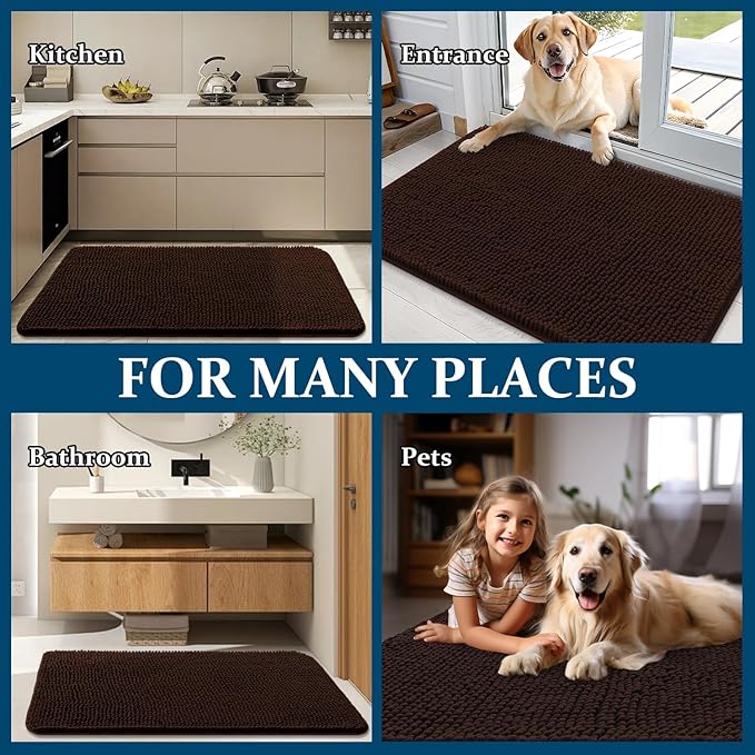 OLANLY Dog Door Mat Set 4-Piece 24x16, Absorbs Moisture and Dirt, Absorbent Non-Slip Washable Doormat, Quick Dry Chenille Mud Mat for Dogs, Entry Indoor Entryway Carpet for Inside Floor, Brown