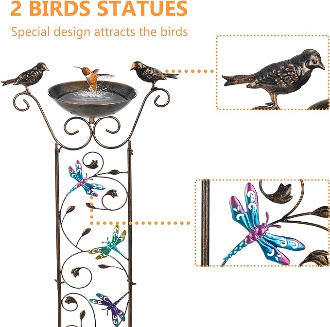 LEWIS&WAYNE Garden Trellis Bird Bath Outdoor, 40 Inch Antique Iron Garden Plant Trellis Decorative with Dragonfly and Detachable Drinking Basin Bowl, Free Standing BirdBath Birdfeeder Station