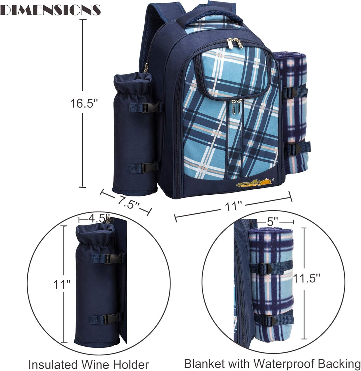 Apollo walker Picnic Backpack Set for 4 with Cooler Compartment,Detachable Bottle/Wine Holder Including Large Picnic Blanket(45"x 53") for Picnic Family and Lovers Gifts,Outdoor,BBQ Time (Blue)