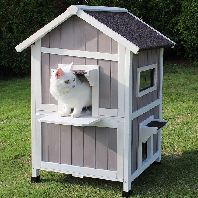 Rockever Outdoor Cat House, Large Outdoor Houses for Feral Cats Wooden Outside Cat Shelter Weatherproof with Escape Door