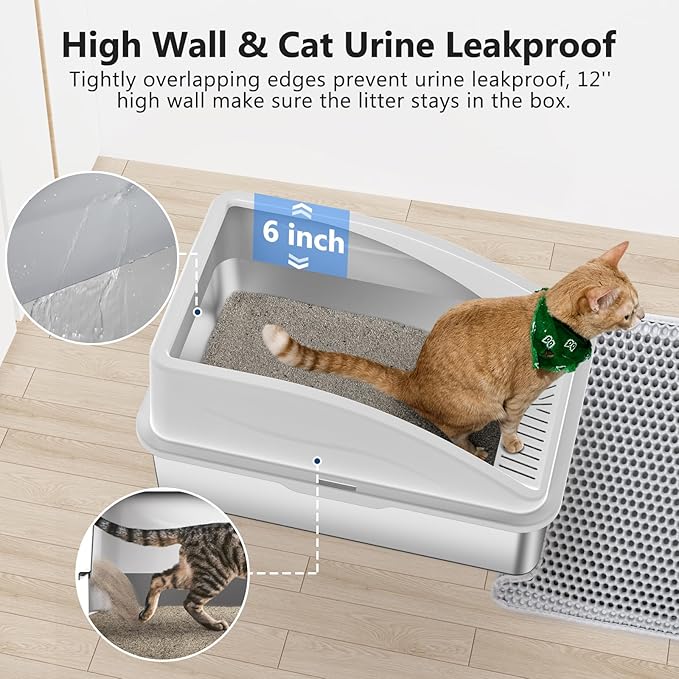 Stainless Steel Litter Box, Extra Large Litter Boxes for Big Cats, XL Metal Cat Litter Box with Lid, Anti-Urine Leakage, Non-Sticky, Include Cat Mat and Litter Scoop