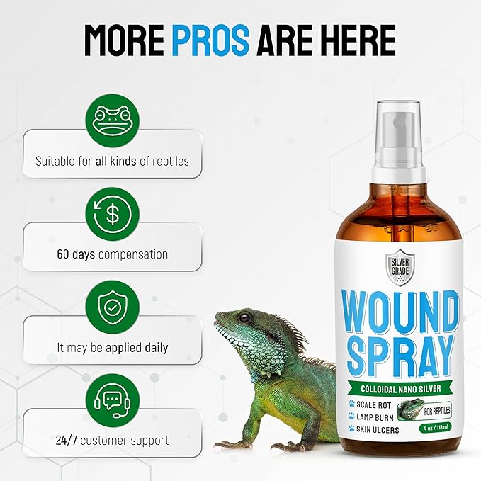 Reptile Wound Care Spray with Silver – for Wounds, Cuts, Scale Rot, Burns, Sores, Irritation, Abnormal Shedding – Topical Spray for Lizards, Bearded Dragons, Iguanas, Snakes, Geckos & Turtles – 4 Oz
