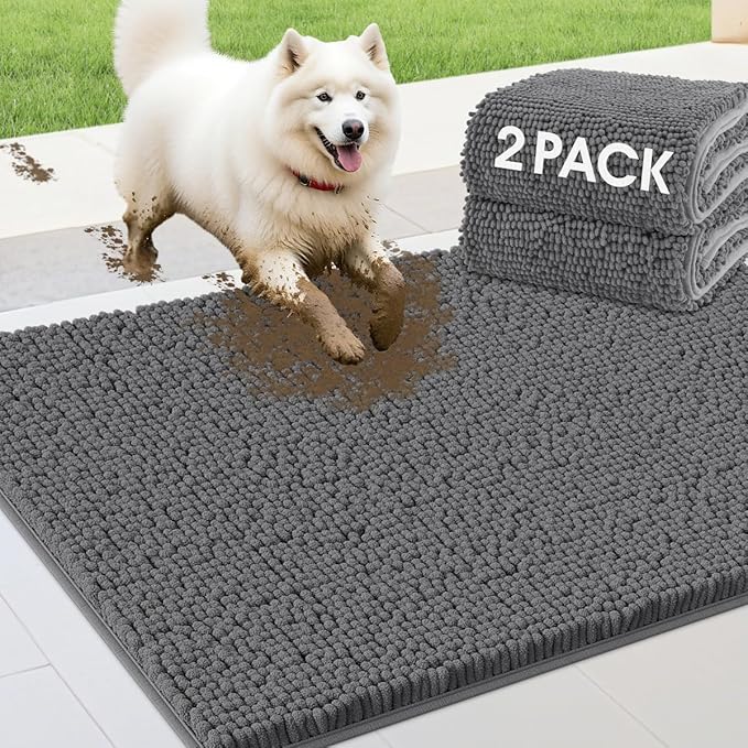 IM HOME 2 Pieces Muddy Door Mats for Dogs, Chenille Absorbent Pet Mats, Quick Dry, Trap Dirt Non Slip Heavy Indoor Doormat Soft Dog Bed Mat Front Inside Door Mat for Indoor Outdoor Entrance,Grey