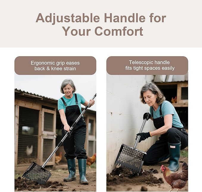 Chicken Poop Scooper - Metal Sifting Shovel & Rake 2-in-1 with Adjustable Stainless Steel Handle (37"-65"), Sand Shovel for Chicken Coops, Farm Animal Waste
