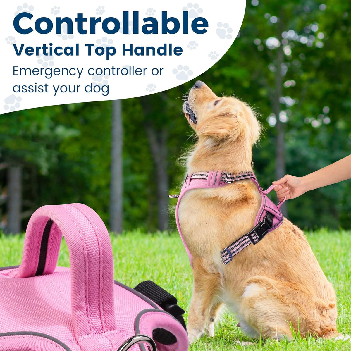 Funfox Dog Harness No Pull, Adjustable Pet Vest Harness, Super Soft Material with Vertical Handle Easy Control, Reflective Night Walking, 2 Leash Clips for Large Dogs, Pink, L