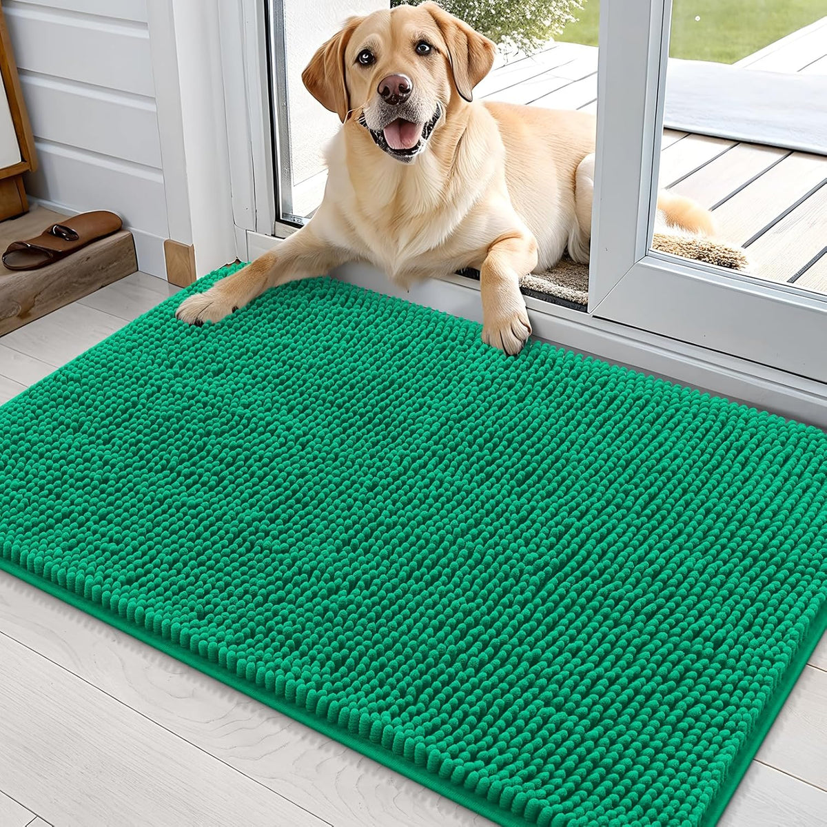 OLANLY Dog Door Mat for Muddy Paws 36x24, Absorbs Moisture and Dirt, Absorbent Non-Slip Washable Doormat, Quick Dry Chenille Mud Mat, Entry Indoor Entryway Carpet for Inside Floor, Emerald Green