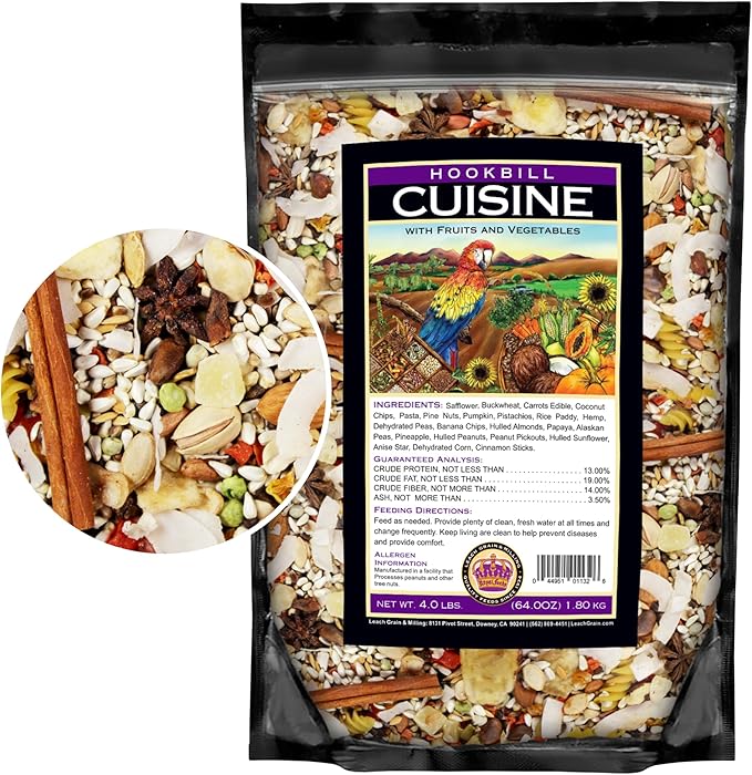 Large Hookbill Cuisine 4 Lbs, Premium Blend Bird Seed for Large Parrots, Cockatoos & Macaws, Parrot Bird Food with Mixed Fruits and Vegetables, Supports Brain, Growth, and Healthy Balanced Diet