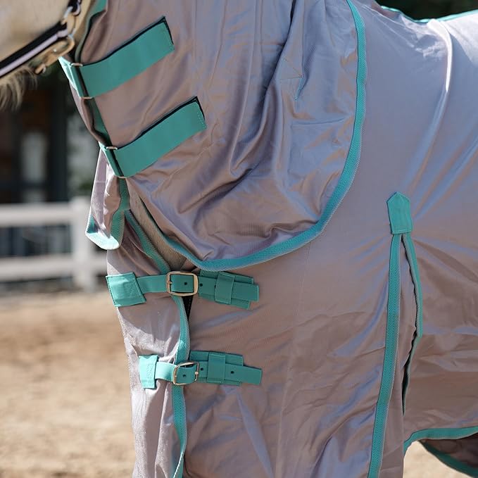 Horse Fly Sheet with Detachable Neck Cover & Belly Wrap, Adjustable Fly Sheet for Horses, Ventilated Airflow Mesh Equine Cooling Summer Flysheet Grey 66
