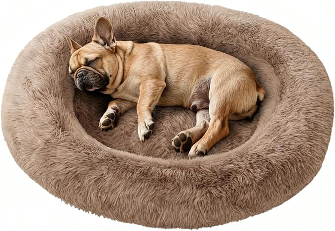 Medium Sized Orthopedic Dog Beds, Donut Calming Pet Beds with Comfort Foam Support, Fluffy Non-Slip Couch for Dog and Cat, with Washable and Indestructible Cover, 32 Inches, Beige