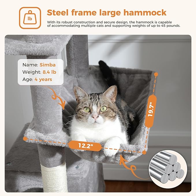 PAWZ Road 70 Inch Cat Tower, Tall Cat Tree with 2 Cozy Condos, 2 Plush Perch, Large Basket, 2 Scraching Pad & 6 Scraching Posts for Indoor Cats Large Adult, Gray