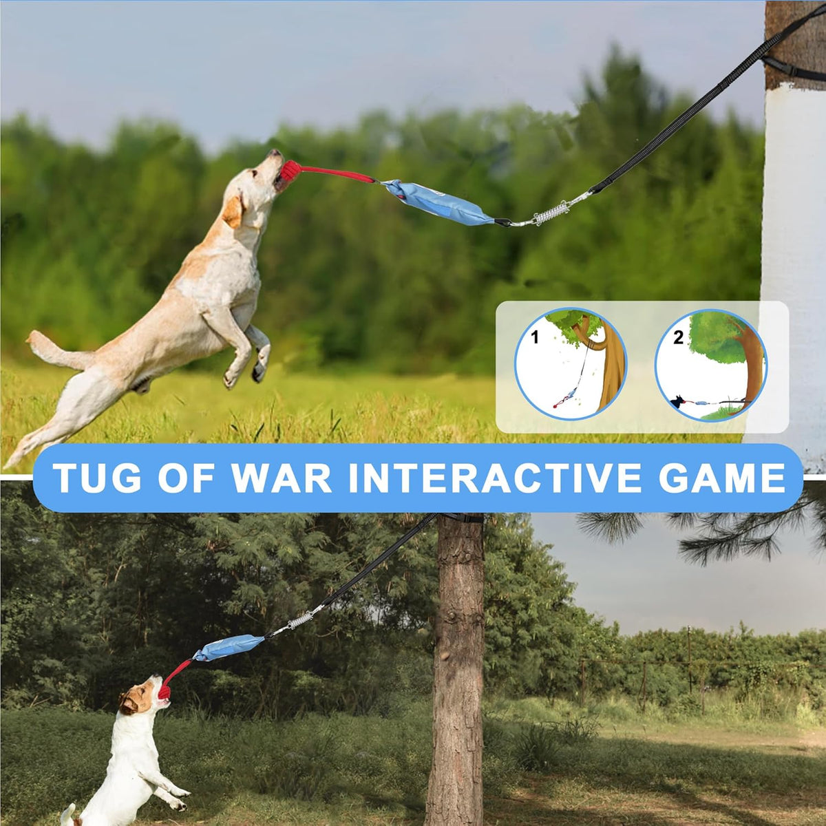 Dog Tree Tug of War Toy with Squeaky, Tethered Tug of War Outdoor Toy Self Play for Aggressive Chewers, Durable Bungee Cord with Chew Ball