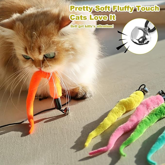 10PCS Cat Worm Toy for Cats, Cat Wand Toy Accessories, Cat Feather Toy Attachments Replacements, and 1PC Black String for Cat Fishing Pole Toy, Assorted Worm Cat Toy Teaser for Indoor Cats Kitten