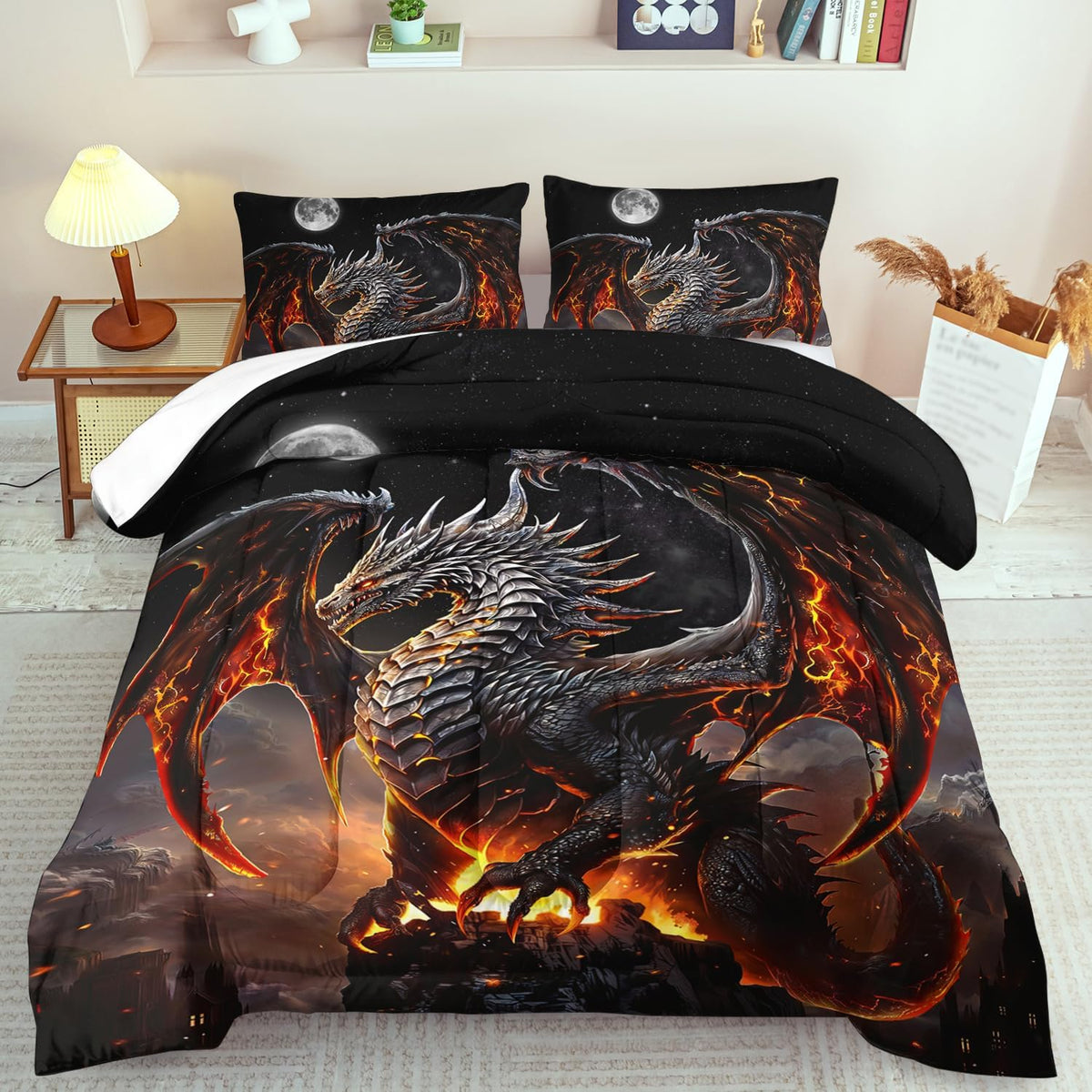Black Dragon Comforter Set Queen Adult,Flame Dragon Bedding Set for Boys,Magical Beast Bedding Fantasy Animal Comforter Beedroom Decor,Magical Beast Quilt Bed Decor
