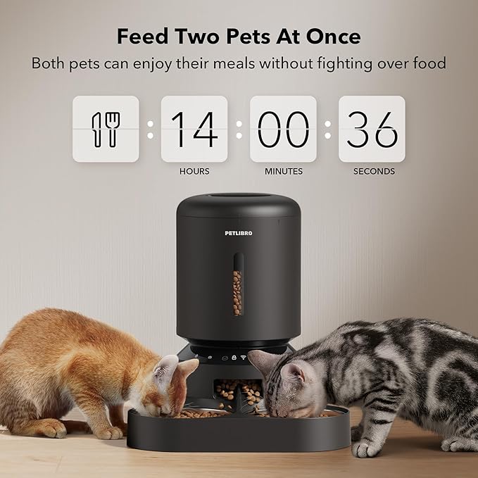 PETLIBRO Automatic Cat Feeder for 2 Cats, 5G&2.4G WiFi Pet Feeders, 5L Programmable Cat Food Dispenser with Airtight Lock-Fresh Technology, Dual Stainless Steel Bowls, Low Food Sensor