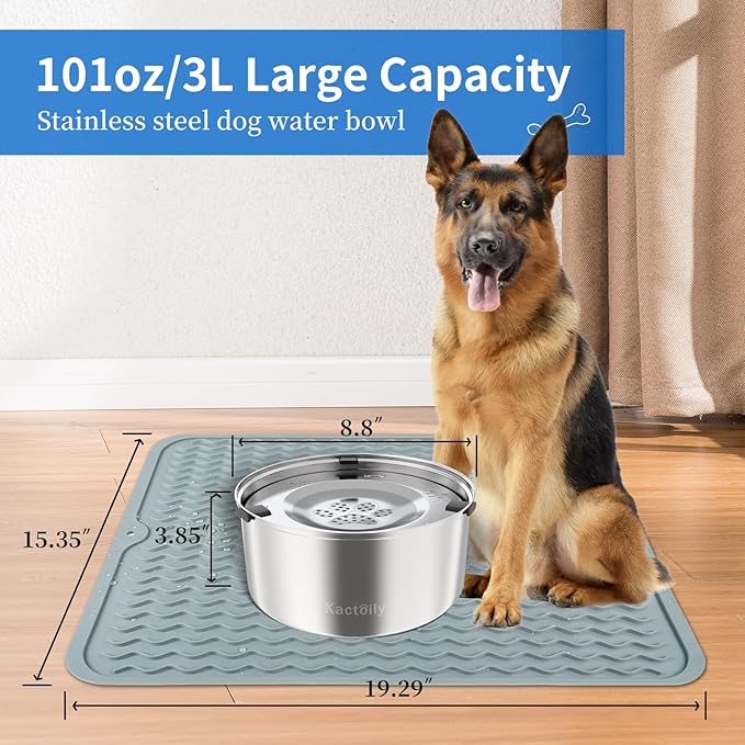 3L Large Capacity Stinless Steel Dog Water Bowl and Waterproof Silicone Dog Food Tray, Slow Down Drinking Pet Water Bowl